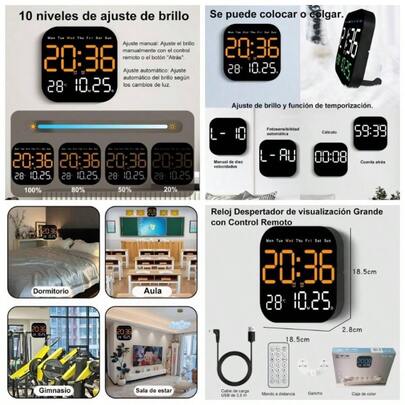 Reloj de Pared Digital, Reloj Digital con Visualizacin, Se Puede Colgar o Colocar Pie, con Control Remoto, Muestra Fecha, Semana y Temperatura, para Sala de Estar. Blanco