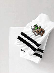 Disney 1双装汽车提花图案男士中筒袜，黑白条纹，可爱卡通设计，防臭，吸湿排汗，休闲运动风，适合学生/成人作为礼物或日常穿着 - 彩色 - 查看 3