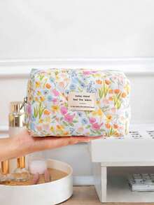 1 Piece/Set Floral Pattern Multi-Functional Cosmetic Storage Wallet Pouch, Portable Makeup Brush Storage Bag With Zipper Closure. It Can Hold Lipsticks, Brushes, Skincare Products, Mobile Phones, Coins And Small Items, Suitable For Home, Travel, Vacation And School Use.