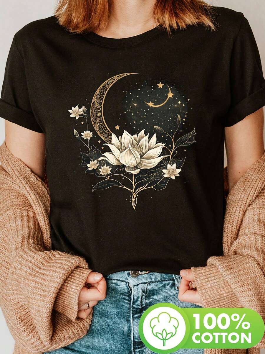 Camiseta negra para mujer con estampado de luna y flor de loto - Cuello redondo casual, top de manga corta para primavera y verano, ajuste relajado, ropa casual de primavera | Top con estampado floral | Ajuste cómodo, camisetas para mujeres