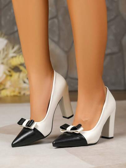 1 Pair Bow Decor PU Leather Chunky Heel Pointed Toe Party Shoes, Suitable For All Seasons