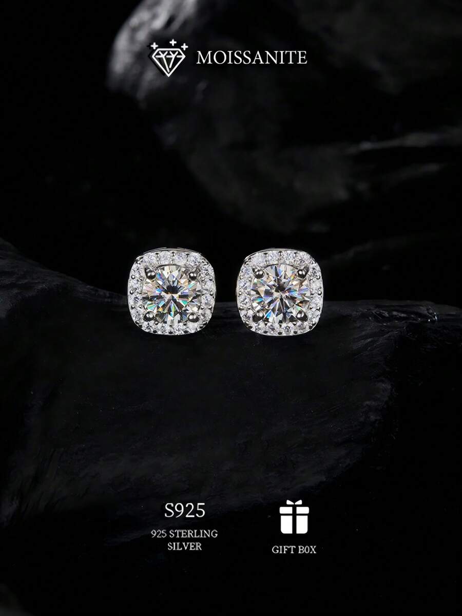 أقراط نسائية فاخرة من الفضة الخالصة عيار 925 بشكل مربع صغير على شكل حلوى بحجر موسانيت بقياس 2 قيراط * 2 أو 3 قيراط * 2، لامعة ومناسبة للزفاف والحفلات الرسمية، هدية مثالية للصديقة والزوجة والأم والصديقة المقربة