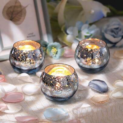 12 件蓝色供奉蜡烛台，适用于餐桌中心装饰，圆形水银玻璃烛台，散装，适用于婚礼、生日、周年纪念、派对和万圣节圣诞节节日装饰