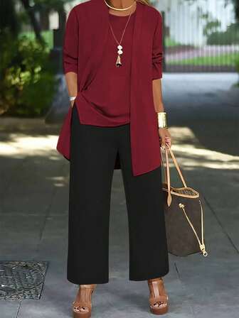 3 件套女士套装：纯色休闲夹克外套 + 圆领无袖背心 + 松紧腰垂坠口袋直筒裤，通勤套装，春/秋/冬