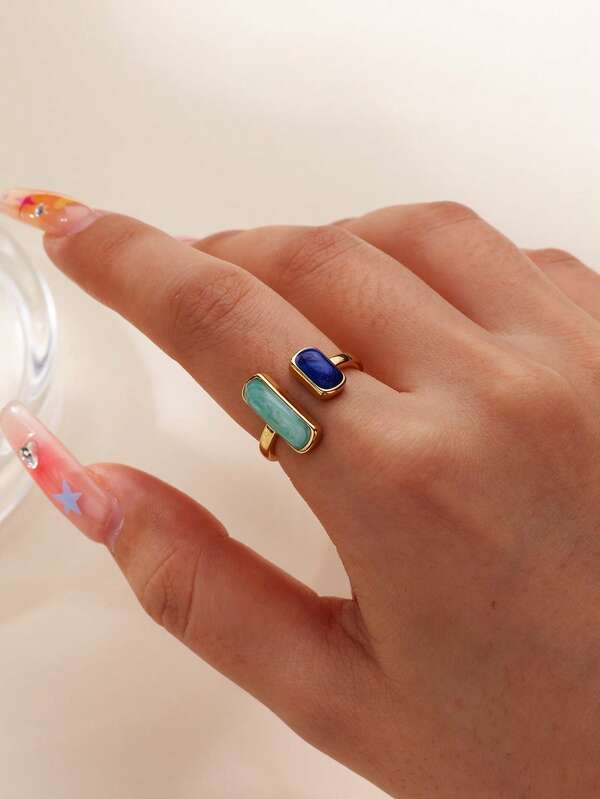 1Pc Luxury Square Blue Oil Dripping Rings For Women 18k Gold Plated Open Adjustable Finger Ring 2025 Fashion Aesthetic Jewelry Gift