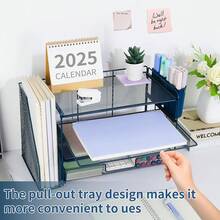 2025Desk Organizer And Accessories, 4-Tier Desktop File Organizer With Drawer And 2 Pen Holders, Office Desk Accessories, Workspace Organizers For Office Supplies(Black) - Dark Blue - View 6