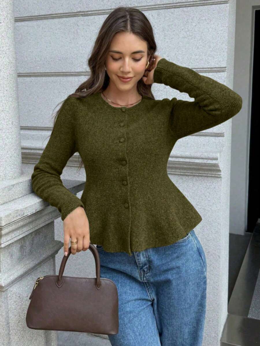 FOR BEAUTY 纯色圆领长袖修身毛衣，新款女士日常休闲通勤开衫，时尚优雅简约外套毛衣上衣，新年必备 - 軍綠 - 查看 1