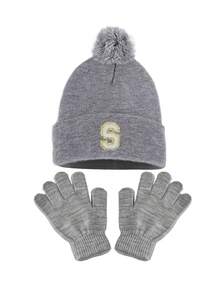 3pcs Kids Knitted Hat And Gloves Set, A-Z Letter Pattern, Warm Winter Hat For Baby Girls, Suitable For 3-8 Years Old Toddlers Daily Wear - Grey - View 9