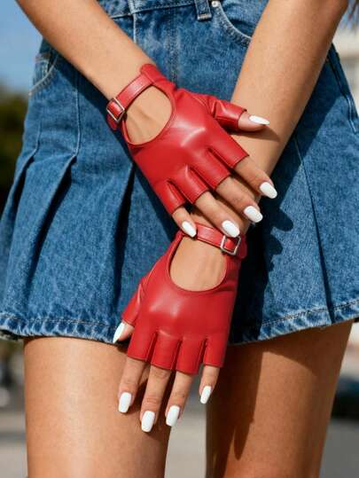 زوج من قفازات جلد PU أحمر نصف الأصابع قابلة للتنفس - قفازات نصف الأصابع قابلة للتعديل - للأداء والعروض الموضة والأزياء والكوسبلاي والطراز البانك والرقص الشارعي وركوب الدراجات النارية والأعياد والسنة الجديدة