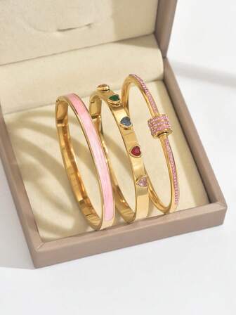 3 pièces Bracelet jonc fin serti de diamants pour femmes, en Europe et aux États-Unis, bijoux mode en acier inoxydable, cadeau idéal pour épouse ou amante, bracelets dorés