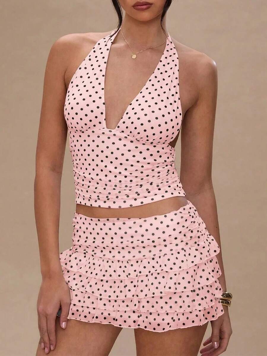 Polka Dot Shorts Sets Women 2 Piece Outfits Halter V Neck Backless Tank Top And Foldover Shorts Y2k Matching Set - 粉色 - 查看 1