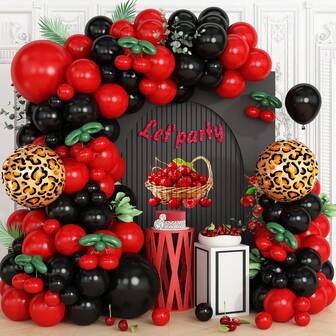 132 件红黑樱桃气球花环拱门套装，红黑绿长铝箔猎豹印花气球，适用于女孩生日婴儿洗礼婚礼新娘情人节单身派对装饰