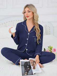 2pcs/Set Women's Long Sleeve Top & Pants Pajamas, All Season Casual Loose Minimalist Embroidered Bow Solid Color Loungewear, Suitable For Home & Outings - Navy Blue - View 3