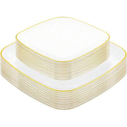 Bộ 50/25/10/2 chiếc đĩa vuông viền vàng trắng, bộ đồ ăn cao cấp thiết kế bo tròn viền vàng, khay phục vụ 10.25" và 7.5", đĩa tráng miệng, đĩa salad, thích hợp cho Giáng sinh, đám cưới, tiệc tùng, ăn uống tại nhà, nhà hàng, nhà bếp, ngoài trời, ngày lễ và sự kiện.