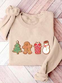 Sudadera beige navideña con estampado de galletas y muñeco de nieve – moderna, cálida y súper cómoda para mujer - Beis - Ver 4