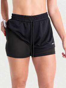 2 Women's Double Gym Shorts With Pocket Bermuda Shorts For Training, Walking And Other Sports - màu đen - Xem 7