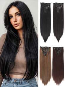 7pcs/Set Natural Black Clip-In Hair Extensions For Women, 18-32 Inches, Straight Synthetic Hair, Natural Soft Invisible Clip-On Thick Extensions, Suitable For Daily Wear - Multicolor - View 3