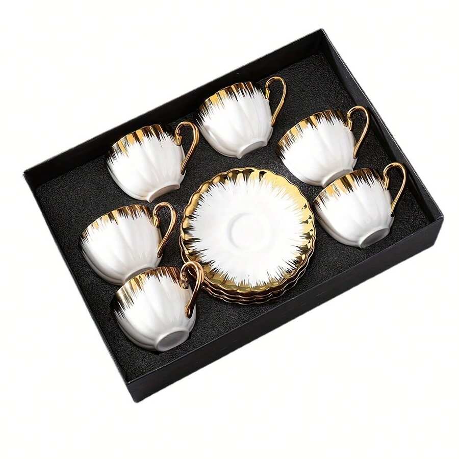 6-Piece Ceramic Espresso Coffee Cup And Saucer Set - Gold Brushstroke Design, 90ml Coffee Cups For Home Breakfast, Cappuccino Latte Tea Cups With Gift Box - 白色 - 查看 1