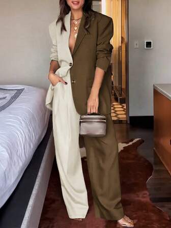 女士休闲百搭通勤拼色长袖西装套装，适合所有季节