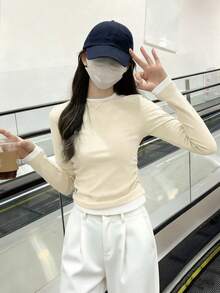女士春季圆领撞色二合一褶皱长袖T恤上衣休闲款 - 杏色 - 查看 3