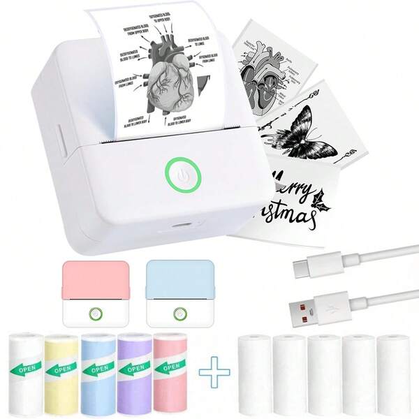 Mini Printer, Portable Inkless Sticker Printer With 10 Rolls Thermal Paper, Small Pocket Printer For Pictures, Photos, Journals, DIY, Home & Office Use