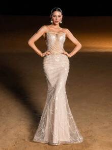 Luxury Ivory Off-Shoulder Beaded Mermaid Gown - Pearl Embroidery Sequin Dress With Deep V Neck & Open Back For Red Carpet Events, Galas And Evening Parties - 香檳色 - 查看 7