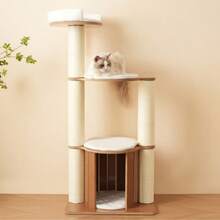 Solid Wood Cat Tree With Exercise Wheel, 4 Platforms, 2 Niches And Sisal Posts, Dimensions 80x40x152 Cm, Washable Scratching Mats, Activity Cat Tree - Brown White + MDF - View 10