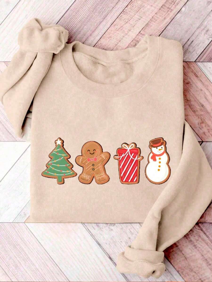 Sudadera beige navideña con estampado de galletas y muñeco de nieve – moderna, cálida y súper cómoda para mujer - Beis - Ver 1
