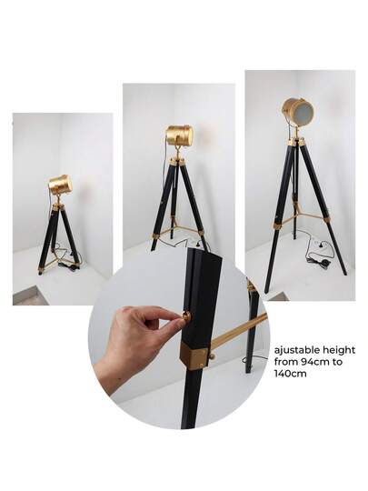Alpinaluz Cinema Tripod Vloer Lamp Natural Wood Adjustable Height Vintage view 3