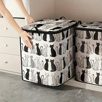 2/1 件大容量储物盒，可折叠衣物整理盒，黑白波尔卡圆点猫图案，耐用无纺布，带坚固拉链和加固手柄，床下储物