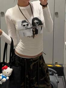 圆领长袖T恤American Hottie春秋新款人像图案印花女短款修身上衣 - 白色 - 查看 1
