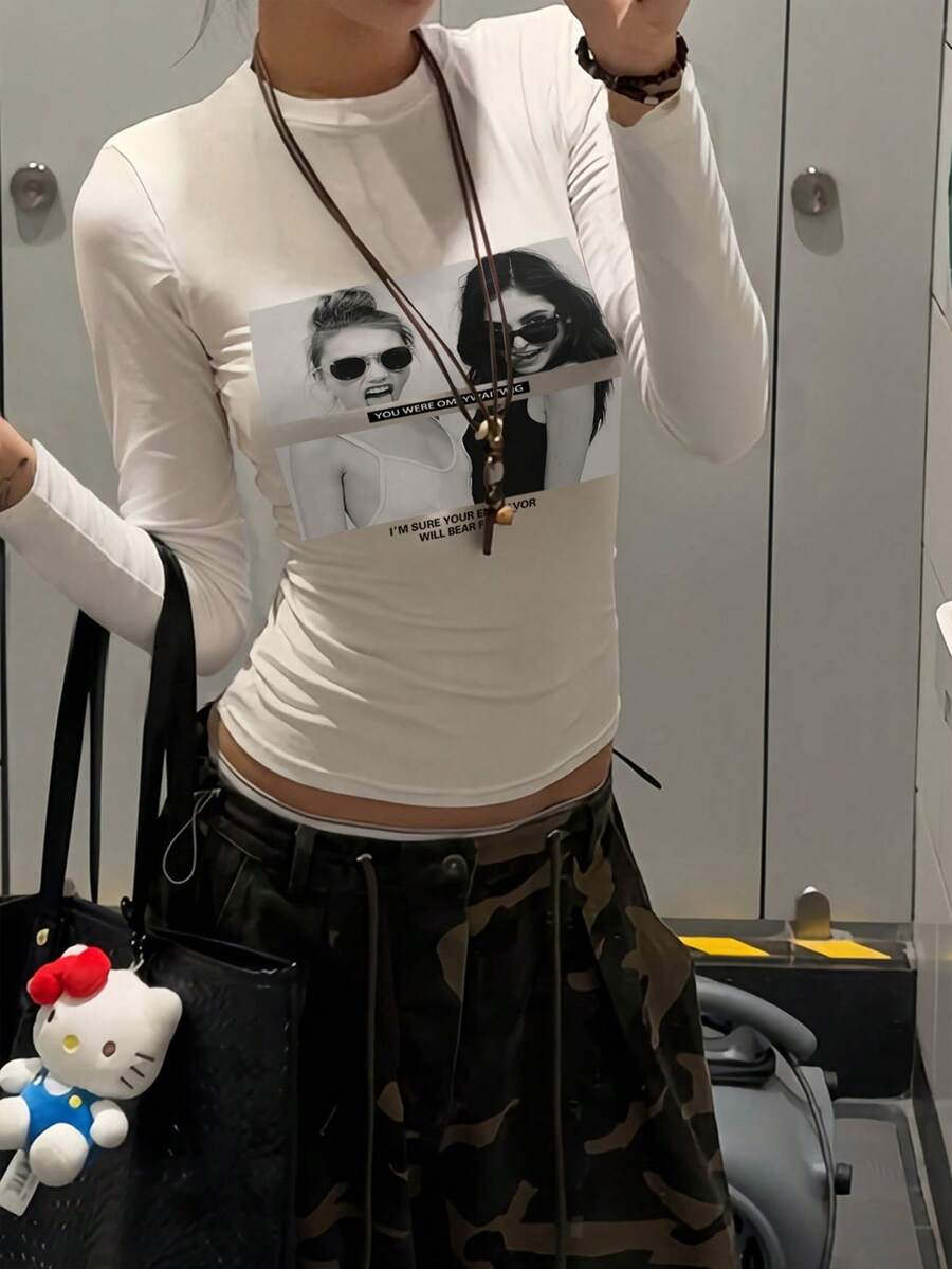 圆领长袖T恤American Hottie春秋新款人像图案印花女短款修身上衣 - 白色 - 查看 1