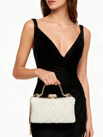 2025 秋冬时尚婚礼新娘双面珍珠手提包，优雅高贵的全刺绣珍珠串珠手提包，新娘婚礼派对正式手拿包，时尚百搭女士钱包、口红、香水手提包，奢华多功能单肩斜挎包，适合贵妇出席婚礼、派对、联欢会、聚会和宴会（适合 6.5 英寸手机）