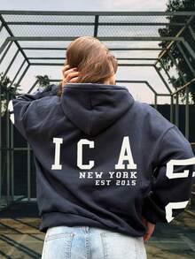 Sudaderas con capucha de estilo académico de uso diario con bloques de color de letras y números, ropa de mujer para invierno/otoño