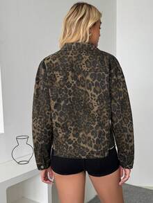 Leopard Print Raw Hem Cropped Denim Jacket - Long Sleeve Versatile Basic Coat For Women Fall Winter