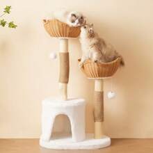 Solid Wood Cat Tree With Exercise Wheel, 4 Platforms, 2 Niches And Sisal Posts, Dimensions 80x40x152 Cm, Washable Scratching Mats, Activity Cat Tree - Natural+White + Wood - View 1