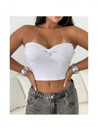 Cropped Feminino Ribaninha Com Bojo E Nó Frontal