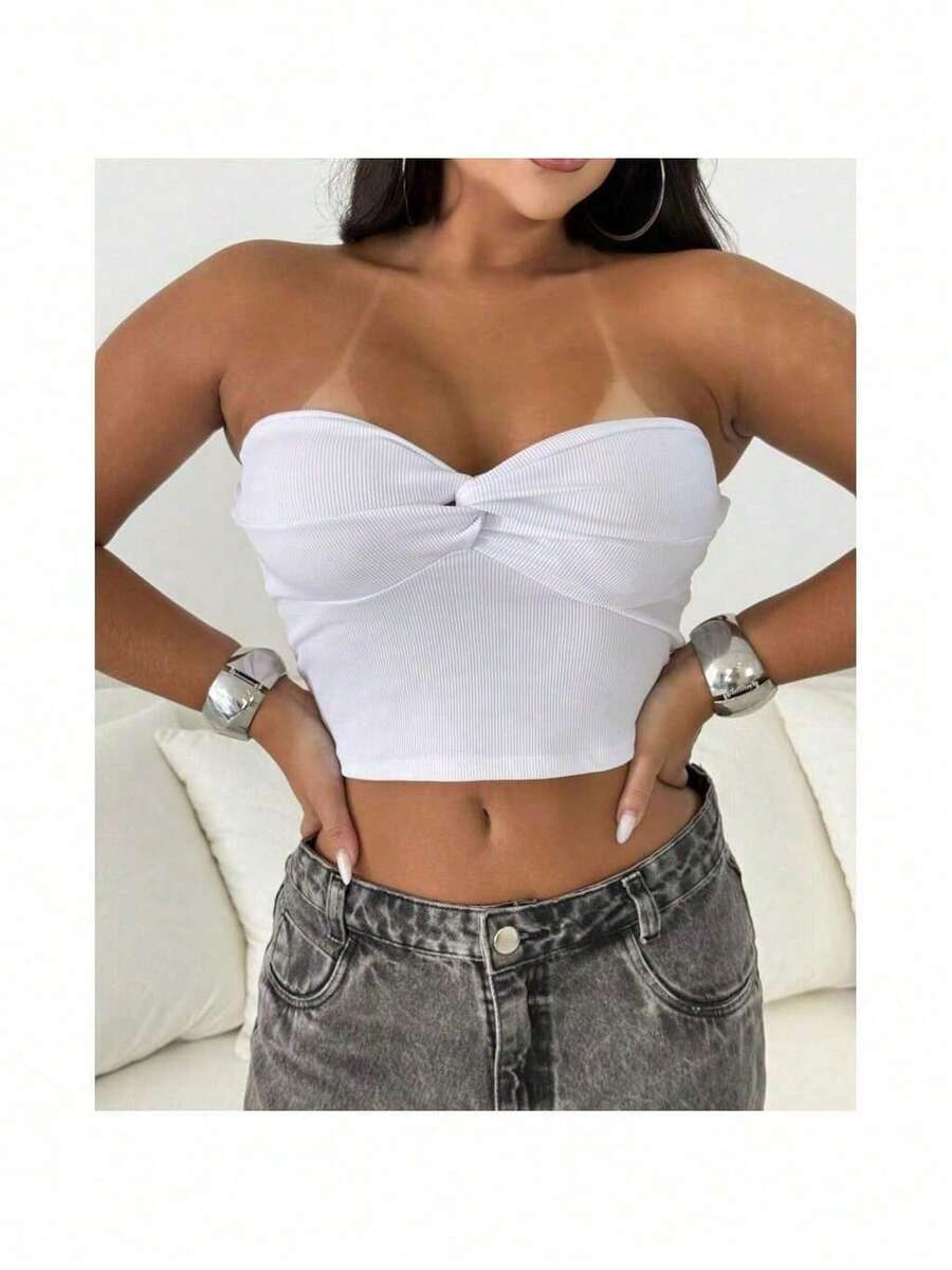 Cropped Feminino Ribaninha Com Bojo E Nó Frontal