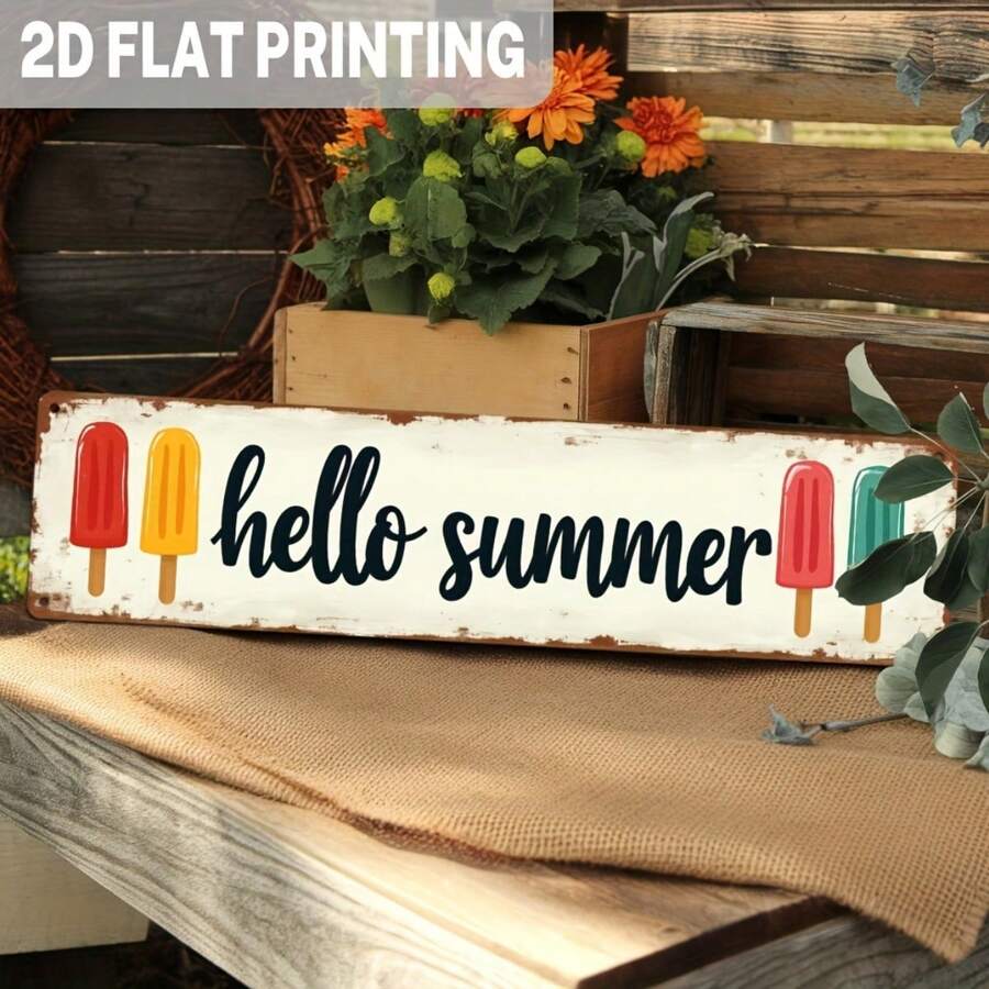 2D Flat - 1pc Rustic "Hello Summer" Metal Sign With Popsicle Design - Vintage Wall Decor For Kitchen, Porch, Patio, And Summer Parties, 3.93x15.74 Inch, Wall Hanging, Outdoor Decor|Summer Theme Decor|Durable Metal Sign, Metal Wall Art Decor - Nhiều màu - Xem 1