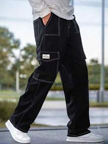 1 Quần Cargo dáng ôm màu trơn nhiều túi cho nam, thích hợp mặc đi biển mùa xuân/hè, đi nghỉ, đi làm hàng ngày, tập luyện, ngoài trời, thường ngày, tập thể dục, chạy bộ, quần ống đứng, thời trang dạo phố, mùa thu - màu đen - Xem 2