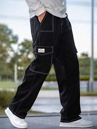 1pc Men's Multi-Pocket Solid Color Slim Fit Cargo Pants, Suitable For Spring/Summer Beach, Vacation, Daily Commute, Workout, Outdoor, Casual, Fitness, Running, Straight Leg Trousers, Fashionable Streetwear, Fall