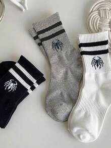 1/3/6 Pairs Unisex Spider & Stripe Pattern Casual Minimalist Sports Socks, Comfortable Mid-Calf Socks Suitable For Daily And Outdoor Wear, Fall Socks - Multicolor - View 3