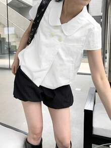 Quần short nữ kẻ sọc tối giản kiểu Hàn Quốc, màu đen mùa hè. - màu đen - Xem 4