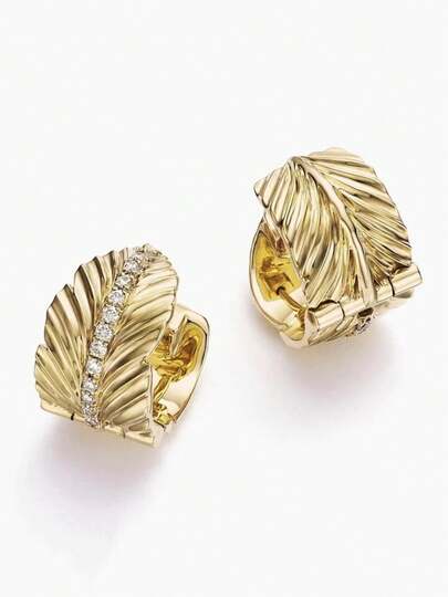 Elegant Gold Hoop Earrings, Women's Faux White Zirconia Leaf Shaped Circular Hoop Earrings, Fashion Party Jewelry Accessories