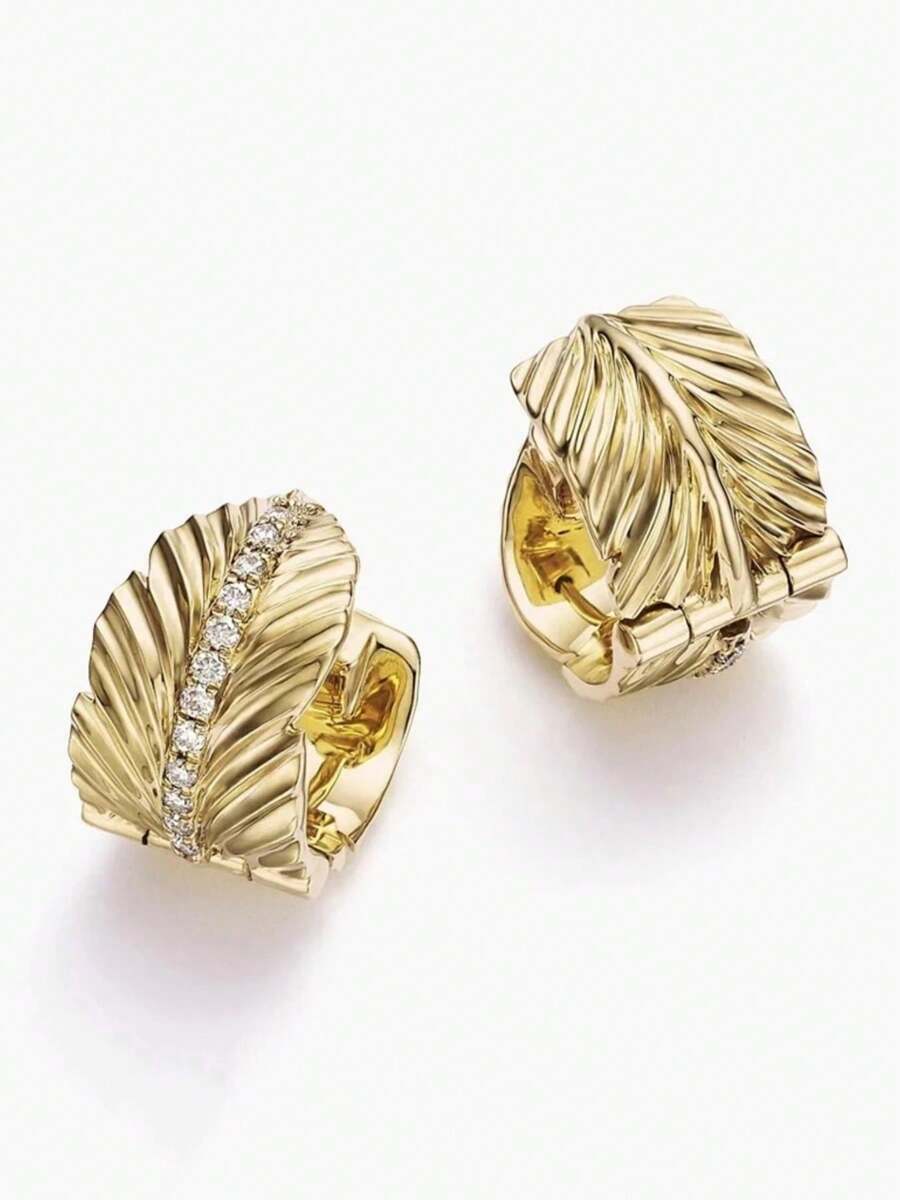 Elegant Gold Hoop Earrings, Women's Faux White Zirconia Leaf Shaped Circular Hoop Earrings, Fashion Party Jewelry Accessories - Gold - View 1