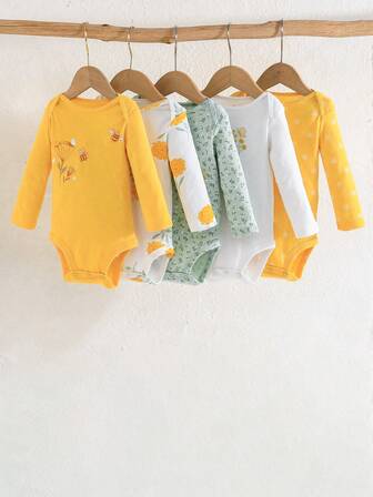 5pcs/Set Baby Girls' Floral Print Long Sleeve Bodysuit, Everyday Casual Wear