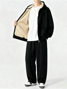 Plus Size Thermal Lined Outfit, Hoodedsweatshirtn Sherpa Sweatshirt, Solid Black Straight Leg Fleece Pants, Suitable For Winter