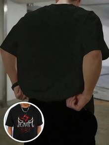 Camiseta informal de moda con estampado de letras en blanco y negro, 2 camiseta con estampado gráfico de letras de dibujos animados, 180 gramos, 100 % algodón puro y pesado. - Negro - Ver 5