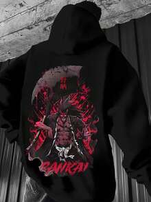 Men'S Anime Graphic Hoodie - Black Casual Pullover With Red & White Character Design, Long Sleeves, And  Pocket For Fall/Winter, Anime Clothes, Winter Apparel, Durable Casualwear,Fall Hoodies,Men's Fall Clothes,Street Wear,Halloween,Mens Hoodies,Y2k Clothes,Jesus Hoodie,Thanksgiving Day,Nightmare Before Christmas,Christmas - Black - View 1