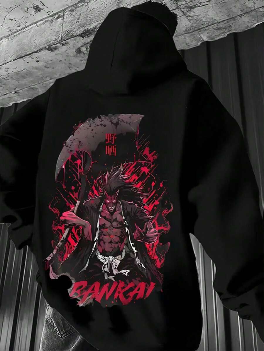 Men'S Anime Graphic Hoodie - Black Casual Pullover With Red & White Character Design, Long Sleeves, And Pocket For Fall/Winter, Anime Clothes, Winter Apparel, Durable Casualwear,Fall Hoodies,Men's Fall Clothes,Street Wear,Halloween,Mens Hoodies,Y2k Clothes,Jesus Hoodie,Thanksgiving Day,Nightmare Before Christmas,Christmas - Black - View 1